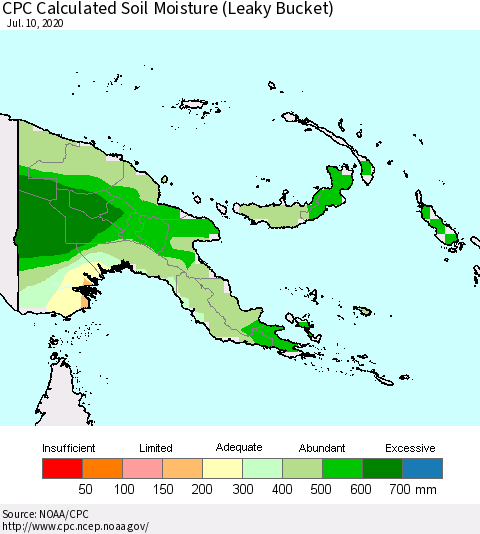 Papua New Guinea CPC Soil Moisture (Leaky Bucket) Thematic Map For 7/6/2020 - 7/10/2020