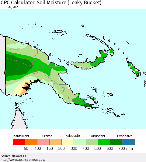 Papua New Guinea CPC Soil Moisture (Leaky Bucket) Thematic Map For 7/16/2020 - 7/20/2020