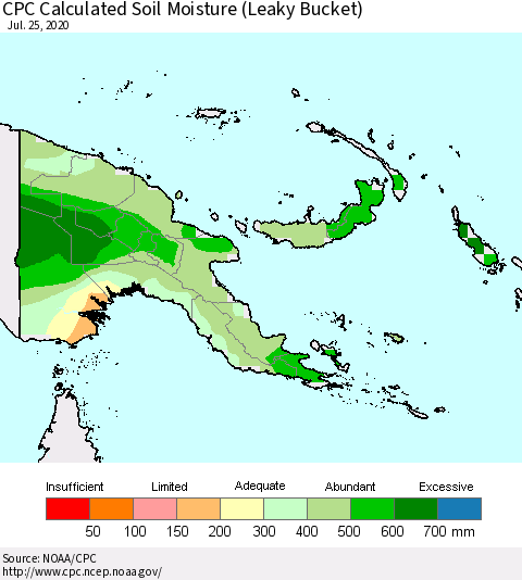 Papua New Guinea CPC Soil Moisture (Leaky Bucket) Thematic Map For 7/21/2020 - 7/25/2020