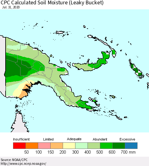 Papua New Guinea CPC Soil Moisture (Leaky Bucket) Thematic Map For 7/26/2020 - 7/31/2020
