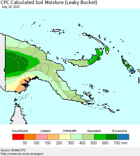 Papua New Guinea CPC Soil Moisture (Leaky Bucket) Thematic Map For 8/16/2020 - 8/20/2020