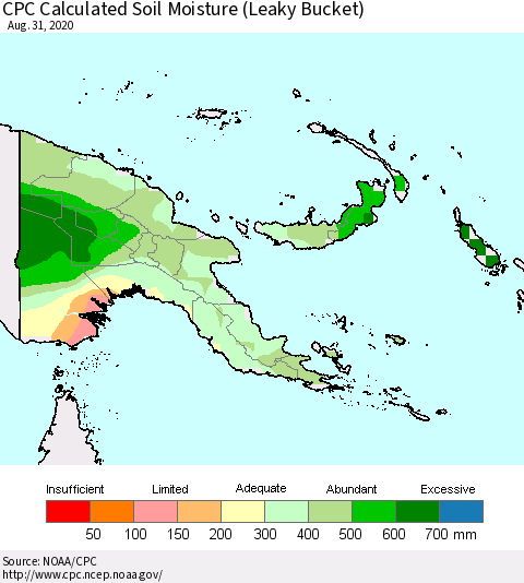 Papua New Guinea CPC Soil Moisture (Leaky Bucket) Thematic Map For 8/26/2020 - 8/31/2020