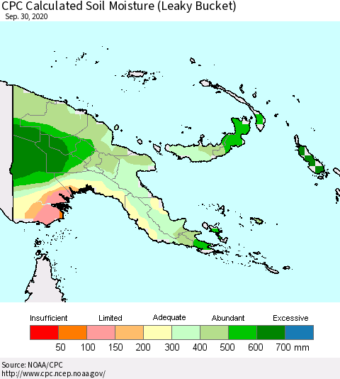 Papua New Guinea CPC Soil Moisture (Leaky Bucket) Thematic Map For 9/26/2020 - 9/30/2020