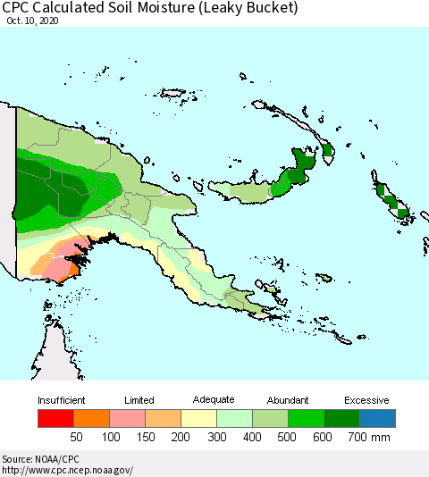 Papua New Guinea CPC Soil Moisture (Leaky Bucket) Thematic Map For 10/6/2020 - 10/10/2020