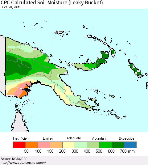 Papua New Guinea CPC Soil Moisture (Leaky Bucket) Thematic Map For 10/16/2020 - 10/20/2020