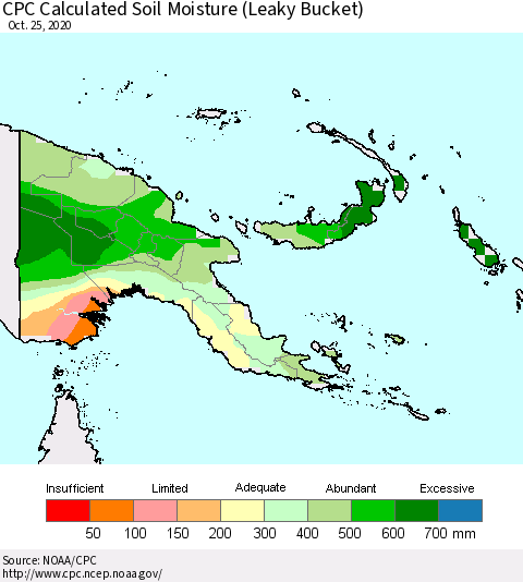 Papua New Guinea CPC Soil Moisture (Leaky Bucket) Thematic Map For 10/21/2020 - 10/25/2020