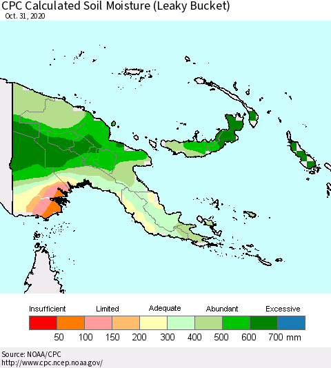 Papua New Guinea CPC Soil Moisture (Leaky Bucket) Thematic Map For 10/26/2020 - 10/31/2020
