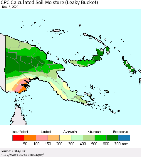 Papua New Guinea CPC Soil Moisture (Leaky Bucket) Thematic Map For 11/1/2020 - 11/5/2020