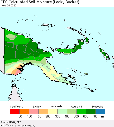 Papua New Guinea CPC Soil Moisture (Leaky Bucket) Thematic Map For 11/26/2020 - 11/30/2020