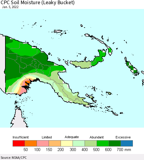 Papua New Guinea CPC Soil Moisture (Leaky Bucket) Thematic Map For 1/1/2022 - 1/5/2022