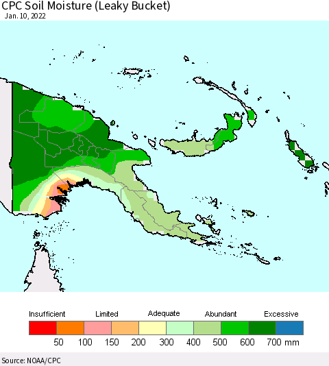 Papua New Guinea CPC Soil Moisture (Leaky Bucket) Thematic Map For 1/6/2022 - 1/10/2022