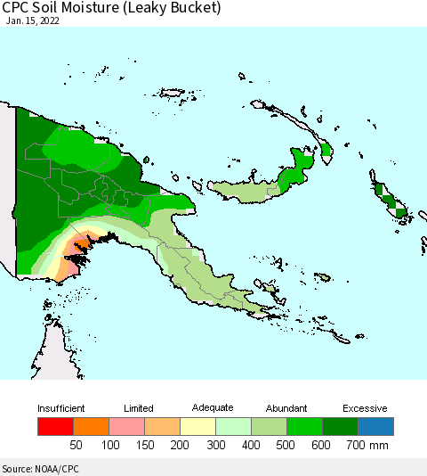 Papua New Guinea CPC Soil Moisture (Leaky Bucket) Thematic Map For 1/11/2022 - 1/15/2022