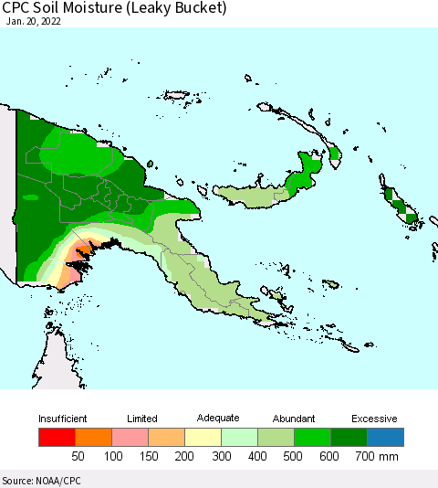 Papua New Guinea CPC Soil Moisture (Leaky Bucket) Thematic Map For 1/16/2022 - 1/20/2022