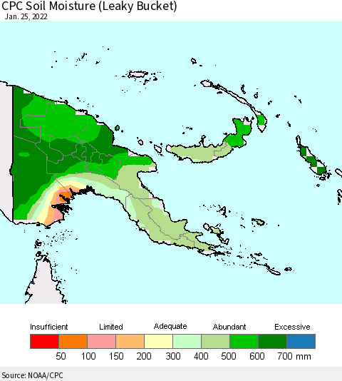 Papua New Guinea CPC Soil Moisture (Leaky Bucket) Thematic Map For 1/21/2022 - 1/25/2022