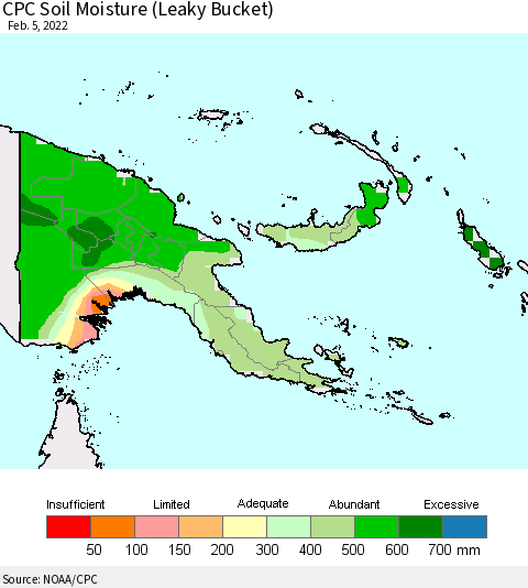 Papua New Guinea CPC Soil Moisture (Leaky Bucket) Thematic Map For 2/1/2022 - 2/5/2022