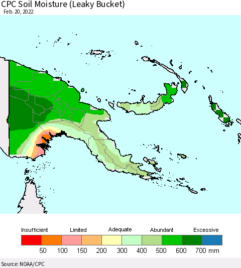 Papua New Guinea CPC Soil Moisture (Leaky Bucket) Thematic Map For 2/16/2022 - 2/20/2022