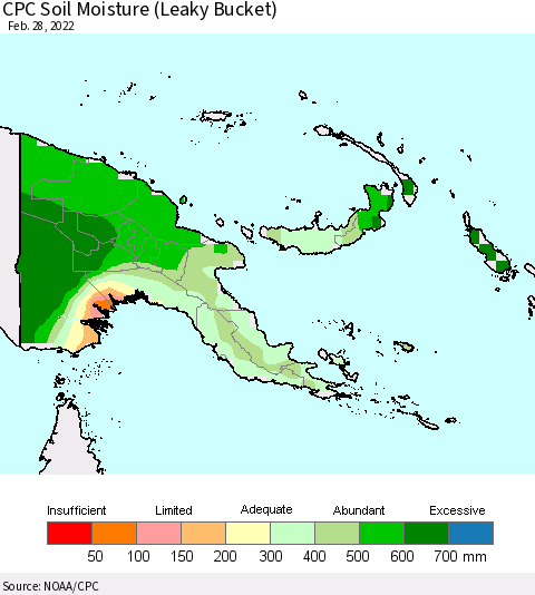 Papua New Guinea CPC Soil Moisture (Leaky Bucket) Thematic Map For 2/26/2022 - 2/28/2022