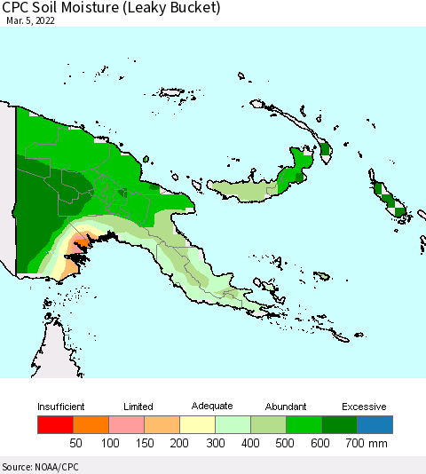 Papua New Guinea CPC Soil Moisture (Leaky Bucket) Thematic Map For 3/1/2022 - 3/5/2022