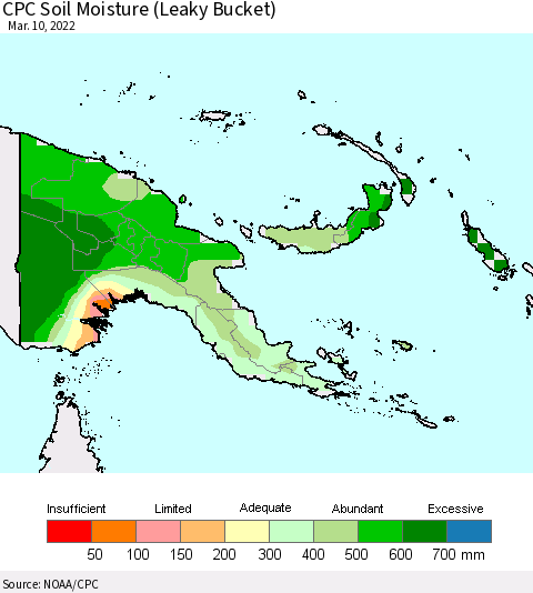 Papua New Guinea CPC Soil Moisture (Leaky Bucket) Thematic Map For 3/6/2022 - 3/10/2022