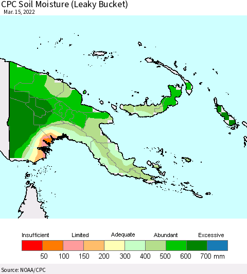 Papua New Guinea CPC Soil Moisture (Leaky Bucket) Thematic Map For 3/11/2022 - 3/15/2022
