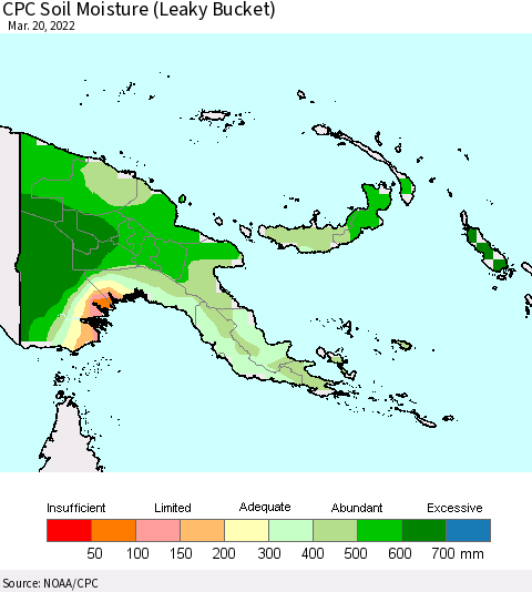 Papua New Guinea CPC Soil Moisture (Leaky Bucket) Thematic Map For 3/16/2022 - 3/20/2022