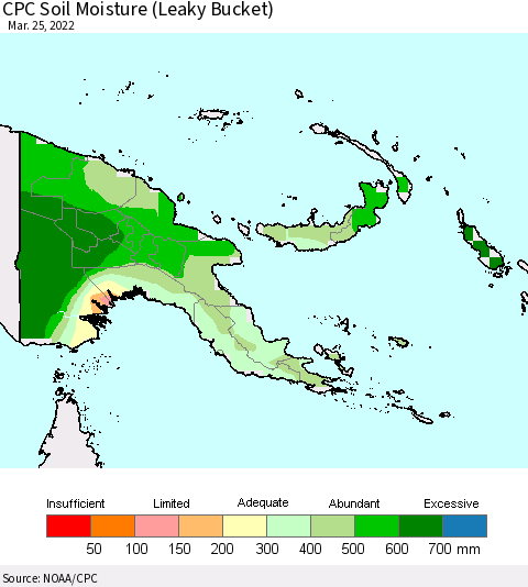 Papua New Guinea CPC Soil Moisture (Leaky Bucket) Thematic Map For 3/21/2022 - 3/25/2022