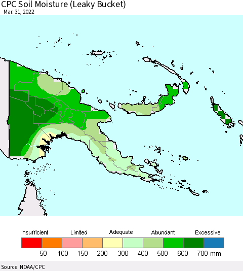 Papua New Guinea CPC Soil Moisture (Leaky Bucket) Thematic Map For 3/26/2022 - 3/31/2022