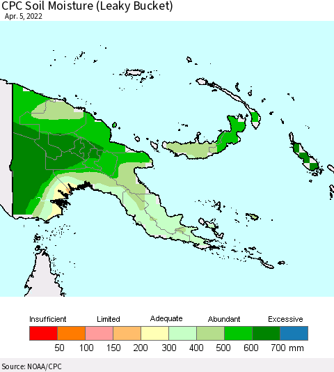 Papua New Guinea CPC Soil Moisture (Leaky Bucket) Thematic Map For 4/1/2022 - 4/5/2022