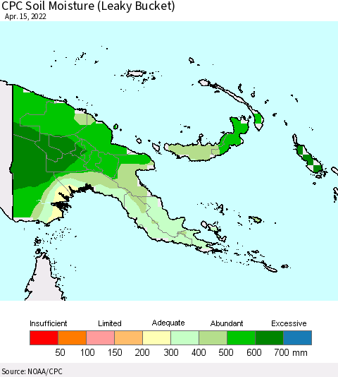 Papua New Guinea CPC Soil Moisture (Leaky Bucket) Thematic Map For 4/11/2022 - 4/15/2022