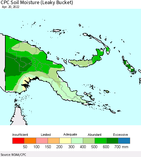 Papua New Guinea CPC Soil Moisture (Leaky Bucket) Thematic Map For 4/16/2022 - 4/20/2022