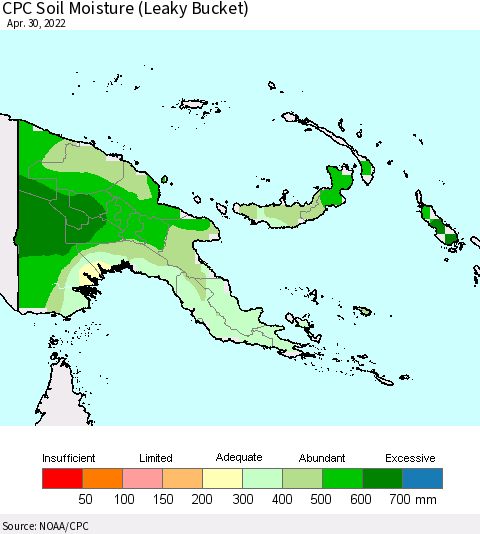 Papua New Guinea CPC Soil Moisture (Leaky Bucket) Thematic Map For 4/26/2022 - 4/30/2022