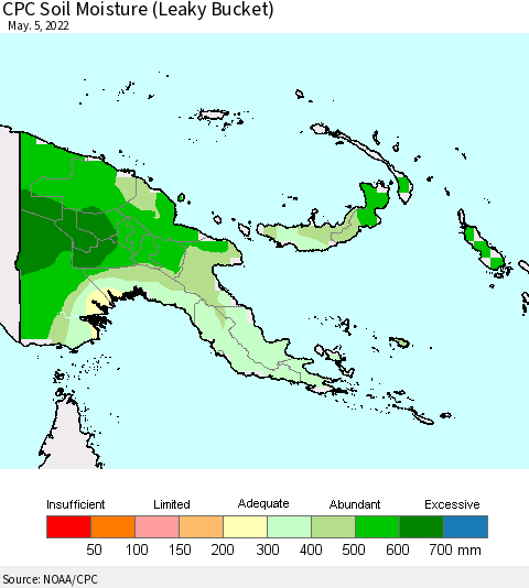 Papua New Guinea CPC Soil Moisture (Leaky Bucket) Thematic Map For 5/1/2022 - 5/5/2022