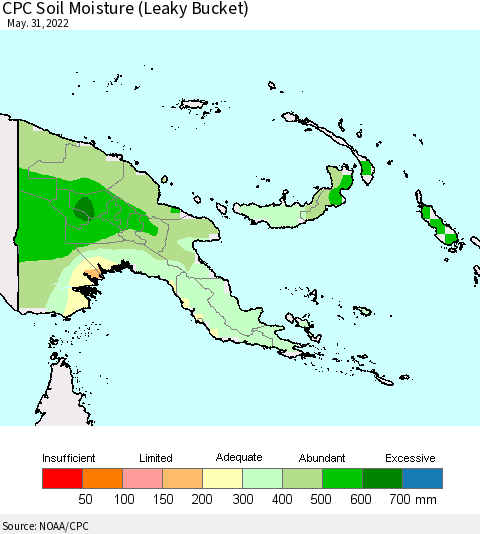 Papua New Guinea CPC Soil Moisture (Leaky Bucket) Thematic Map For 5/26/2022 - 5/31/2022