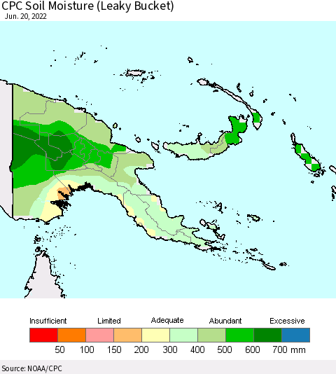 Papua New Guinea CPC Soil Moisture (Leaky Bucket) Thematic Map For 6/16/2022 - 6/20/2022
