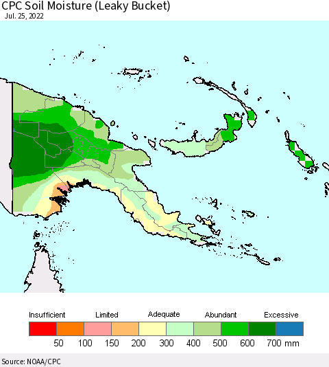 Papua New Guinea CPC Soil Moisture (Leaky Bucket) Thematic Map For 7/21/2022 - 7/25/2022
