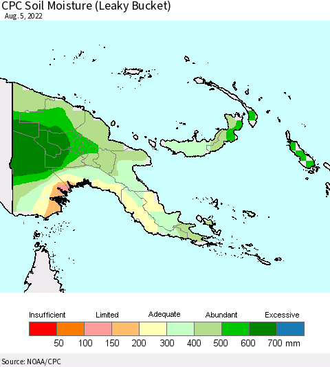 Papua New Guinea CPC Soil Moisture (Leaky Bucket) Thematic Map For 8/1/2022 - 8/5/2022
