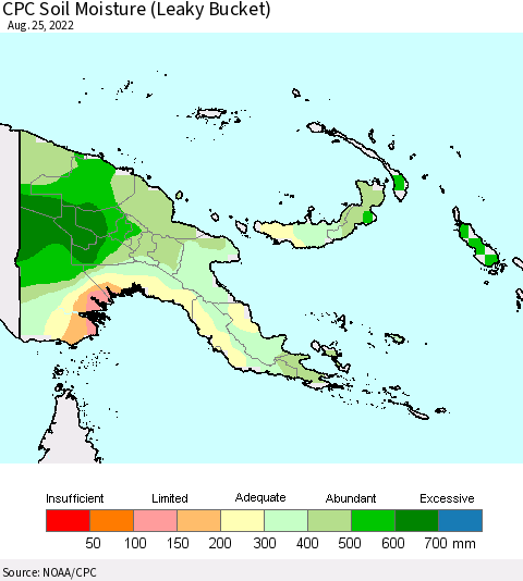 Papua New Guinea CPC Soil Moisture (Leaky Bucket) Thematic Map For 8/21/2022 - 8/25/2022