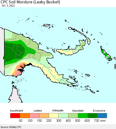 Papua New Guinea CPC Soil Moisture (Leaky Bucket) Thematic Map For 10/1/2022 - 10/5/2022
