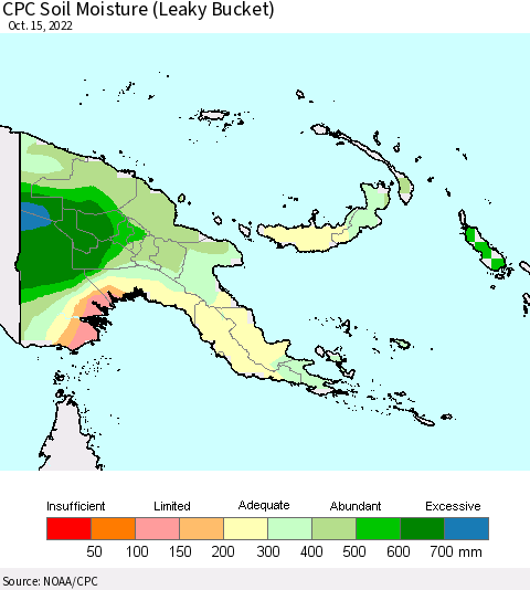 Papua New Guinea CPC Soil Moisture (Leaky Bucket) Thematic Map For 10/11/2022 - 10/15/2022