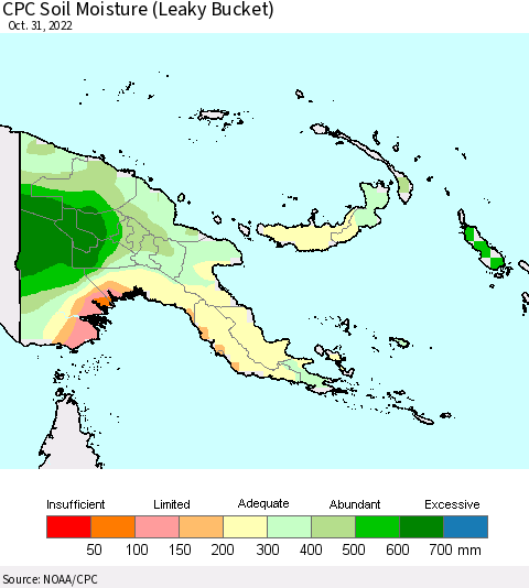 Papua New Guinea CPC Soil Moisture (Leaky Bucket) Thematic Map For 10/26/2022 - 10/31/2022