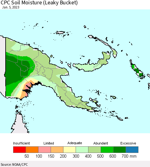 Papua New Guinea CPC Soil Moisture (Leaky Bucket) Thematic Map For 1/1/2023 - 1/5/2023