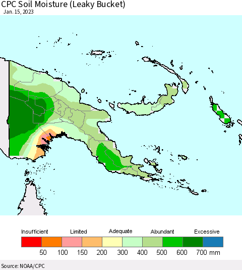 Papua New Guinea CPC Soil Moisture (Leaky Bucket) Thematic Map For 1/11/2023 - 1/15/2023