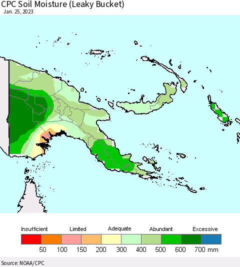 Papua New Guinea CPC Soil Moisture (Leaky Bucket) Thematic Map For 1/21/2023 - 1/25/2023