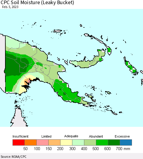 Papua New Guinea CPC Soil Moisture (Leaky Bucket) Thematic Map For 2/1/2023 - 2/5/2023