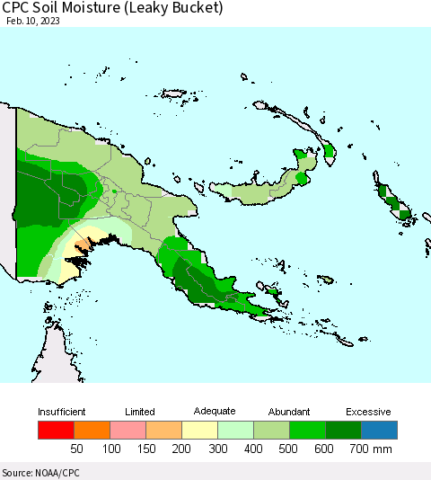 Papua New Guinea CPC Soil Moisture (Leaky Bucket) Thematic Map For 2/6/2023 - 2/10/2023
