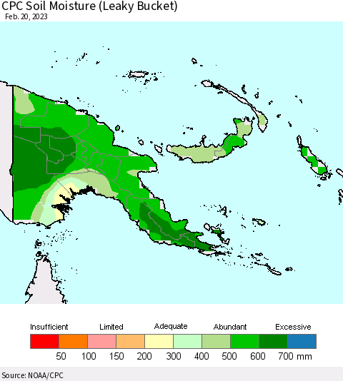 Papua New Guinea CPC Soil Moisture (Leaky Bucket) Thematic Map For 2/16/2023 - 2/20/2023