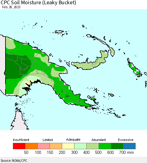 Papua New Guinea CPC Soil Moisture (Leaky Bucket) Thematic Map For 2/26/2023 - 2/28/2023