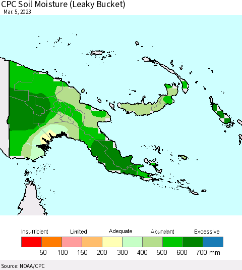 Papua New Guinea CPC Soil Moisture (Leaky Bucket) Thematic Map For 3/1/2023 - 3/5/2023