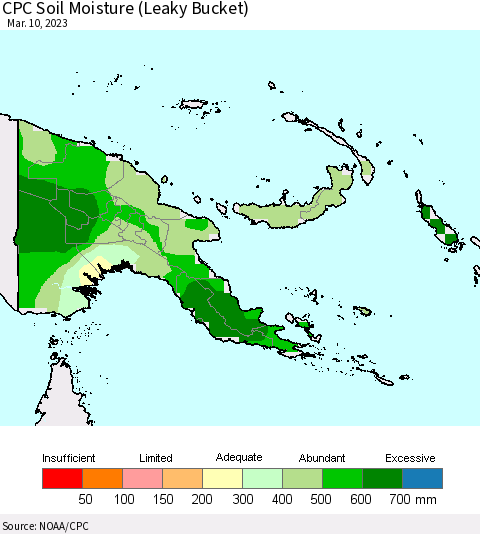 Papua New Guinea CPC Soil Moisture (Leaky Bucket) Thematic Map For 3/6/2023 - 3/10/2023