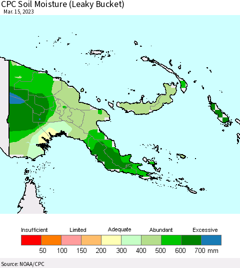 Papua New Guinea CPC Soil Moisture (Leaky Bucket) Thematic Map For 3/11/2023 - 3/15/2023